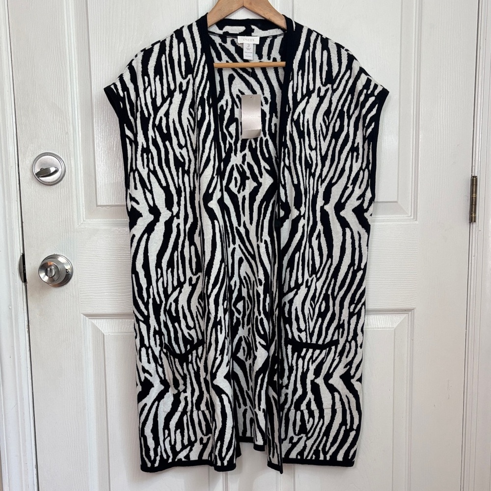 New NWT Chicos Black and White Zebra Pattern Vest Cardigan Size 3 size XL Animal